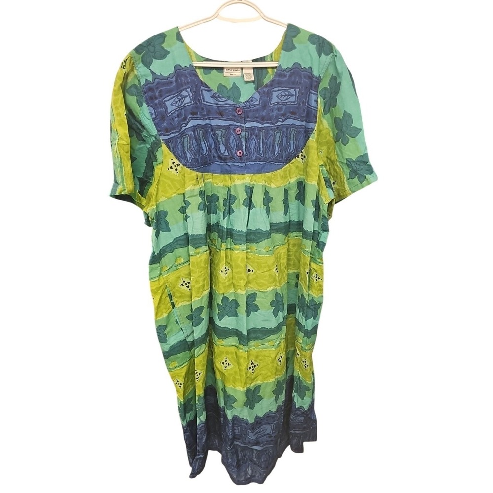 Bobbie Brooks Woman Dress 2XL 20W Green Blue Floral Cotton Short Sleeve Pockets